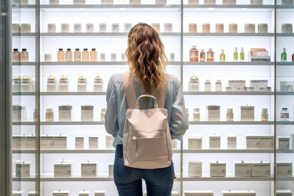Vista posteriore di una giovane donna con la borsa in piedi contro lo scaffale in farmacia alla ricerca di prodotti