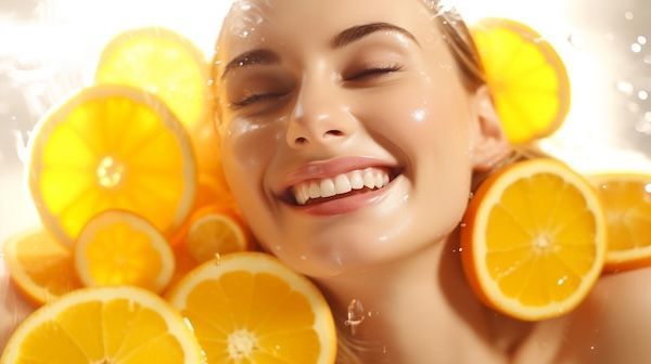 Bella giovane donna con il concetto di cibo sano arancione fresco