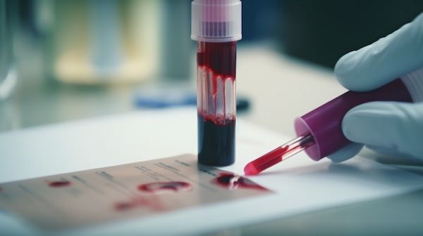 Un campione di sangue che viene riempito con sangue da un tubo