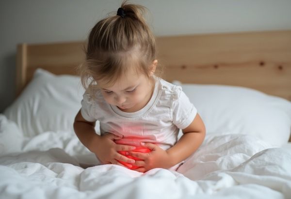 Una bambina nel suo letto ha mal di stomaco a causa dell'influenza intestinale