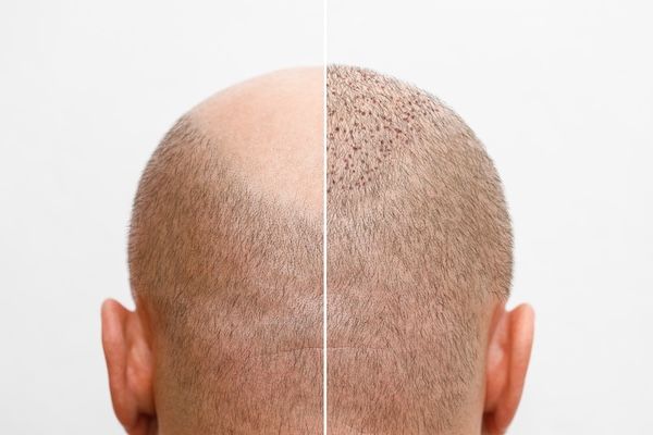 La testa di un uomo calvo prima e dopo l'intervento di trapianto di capelli è diventata quella di un uomo che perde i capelli e aspetta i risultati del trapianto - miglior trapianto capelli Italia