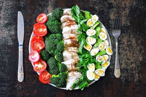 Piatto con un pasto da dieta chetogenica. Un insieme di prodotti per la dieta chetogenica su un piatto. Pomodorini, broccoli bolliti, petto di pollo al vapore, insalata con rucola, avocado e uova di quaglia. Pranzo Keto e buone abitudini alimentari