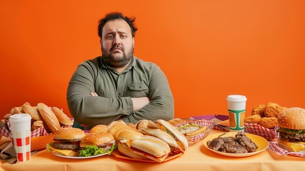 Uomo grasso triste con fast food davanti a sé causa di colesterolo HDL alto