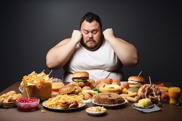 Uomo grasso che mangia cibi poco salutari uno dei vari tipi di obesità
