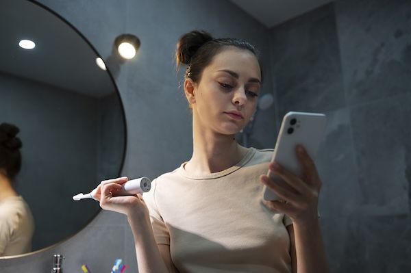angolo di una Ragazza con smartphone tra le cause dell'anoressia c'è il confronto con influencer sui social