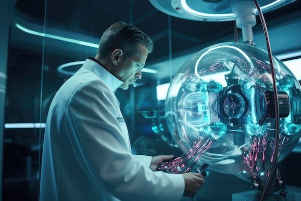 concetto di medicina del futuro medico del futuro che sperimenta con macchinari avanzati 