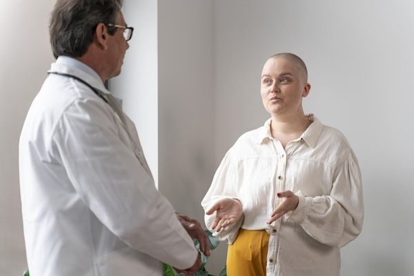 Donna che soffre di cancro al seno che parla con il suo medico della terapia genica tumori