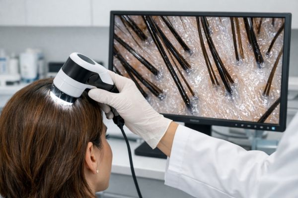 Medico specialista che utilizza una microcamera digitale sul cuoio capelluto di un paziente per valutare la salute della zona donatrice