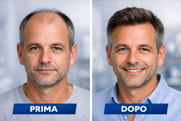 Confronto tra aspetto prima e dopo il trapianto di capelli con miglioramento dell'autostima