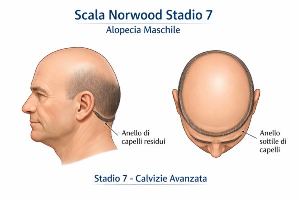 Illustrazione medica della testa di un uomo che mostra una calvizie severa con una zona donatrice molto limitata sui lati