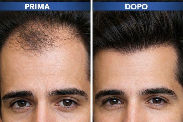 Dettaglio ravvicinato della linea frontale di un uomo con ottima densità e attaccatura naturale dopo dodici mesi dal trapianto