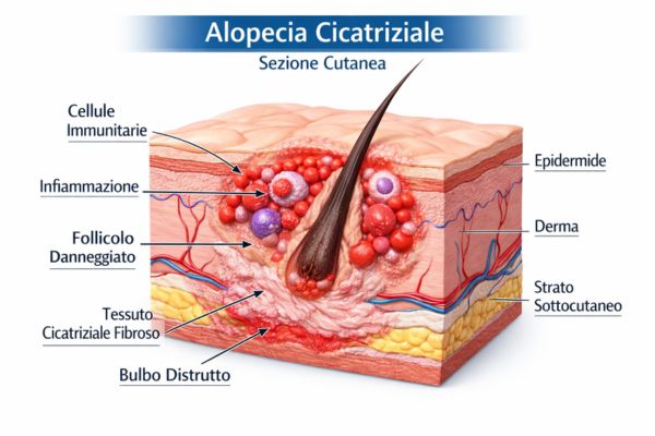Illustrazione medica dettagliata di un follicolo pilifero circondato da infiammazione e tessuto cicatriziale fibroso