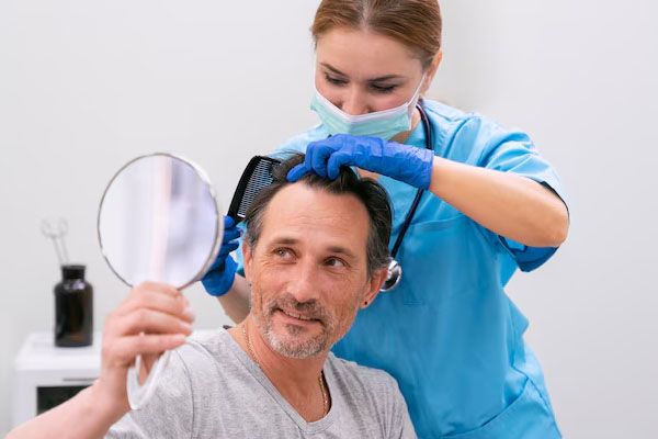 Uomo adulto sottoposto a trattamento per la caduta dei capelli guardarsi allo specchio e sorridere - migliori trapianti di capelli in italia 