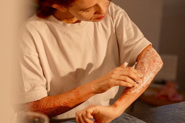 donna che applica la medicina sulla sua pelle