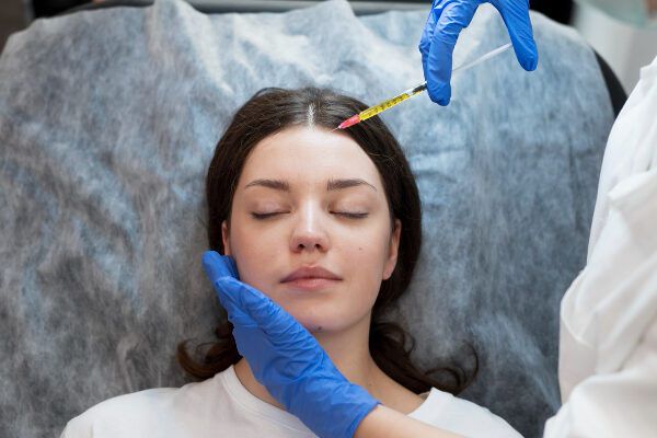 giovane donna sdraiata e mani con guanti blu con una siringa che applica il trattamento ai capelli - prezzo trapianto capelli turchia
