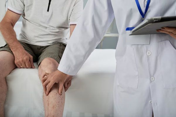 medico che controlla il ginocchio del suo paziente