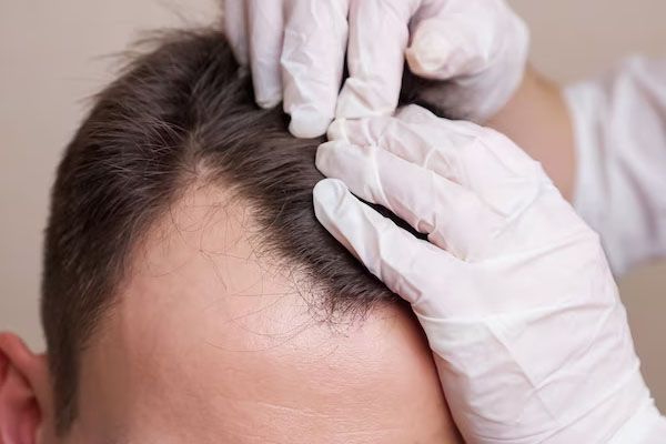 primo piano medico guanti esame testa uomo calvo - trapianto Capelli turchia