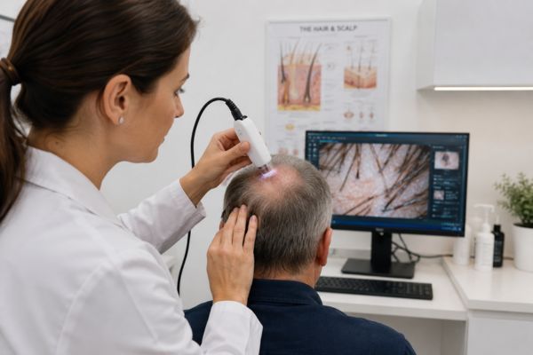 Medico specialista che esamina la zona donatrice posteriore della testa di un paziente di 60 anni con un tricoscopio