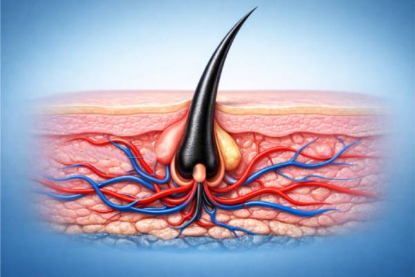Rappresentazione medica tridimensionale di un follicolo pilifero radicato sotto la pelle