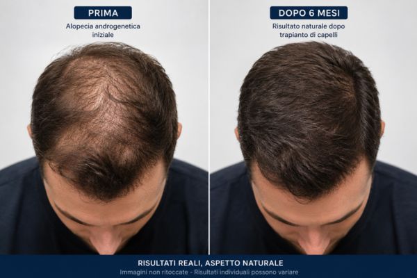 Fotografia comparativa che mostra la densità dei capelli prima e dopo la procedura di trapianto