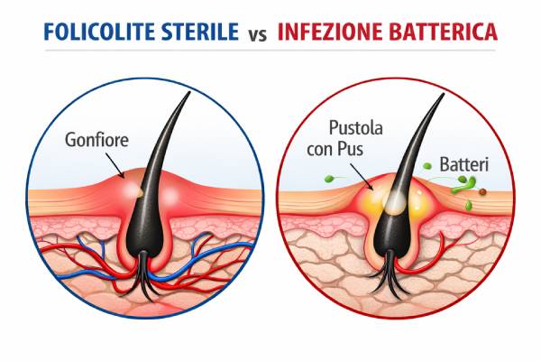 Grafica medica che mostra le differenze estetiche tra una papula sterile e una pustola batterica