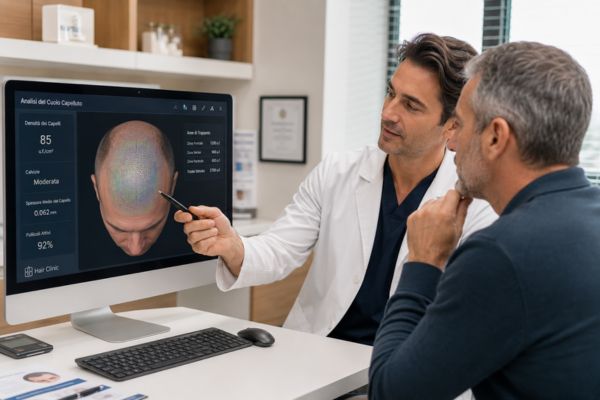 Chirurgo tricologo che mostra i risultati attesi del trapianto a un paziente maturo su uno schermo digitale