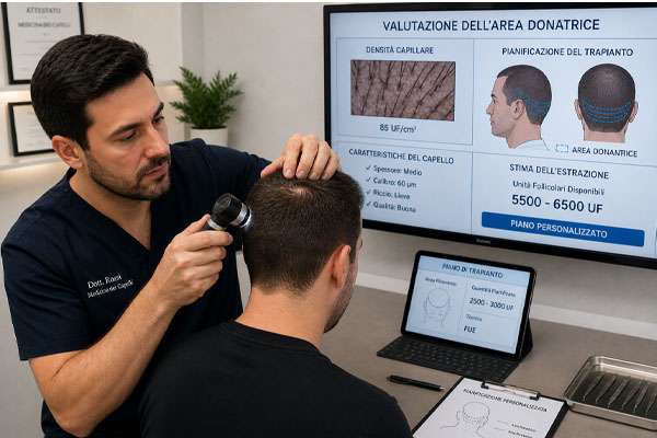 Specialista che analizza lo stato di salute dei bulbi impiantati tramite tricoscopia digitale