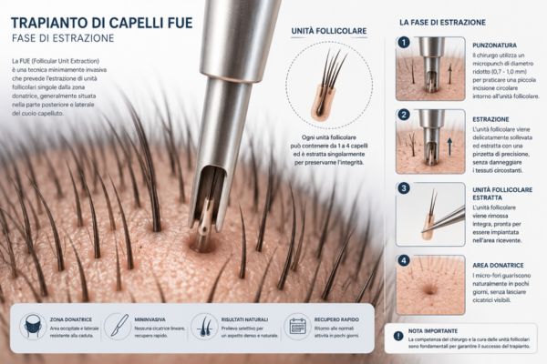 Rappresentazione medica dettagliata del processo di estrazione dei follicoli con tecnica FUE su cuoio capelluto