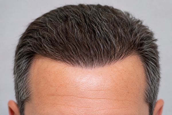 Dettaglio ravvicinato della linea frontale naturale di un uomo di 50 anni dopo un trapianto di capelli riuscito