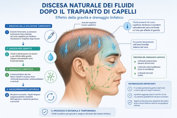 Infografica medica sulla discesa dei liquidi anestetici verso la fronte dopo la chirurgia capillare