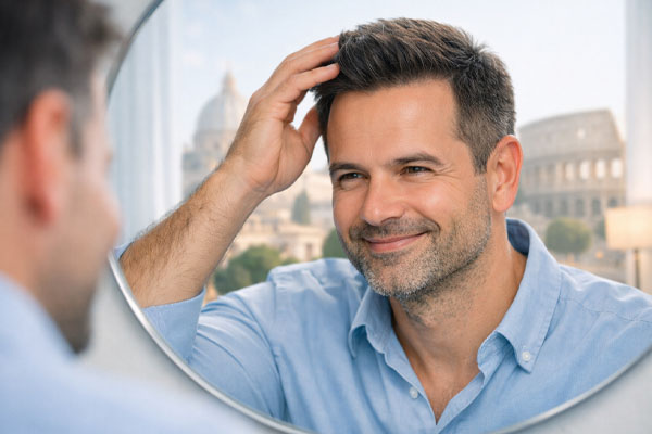 Ritratto di profilo di un uomo di cinquant'anni con capelli brizzolati folti e attaccatura naturale