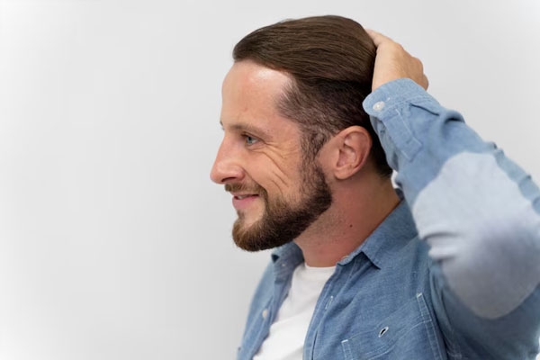 Uomo felice che mostra la sua nuova chioma folta e naturale dopo l'intervento chirurgico