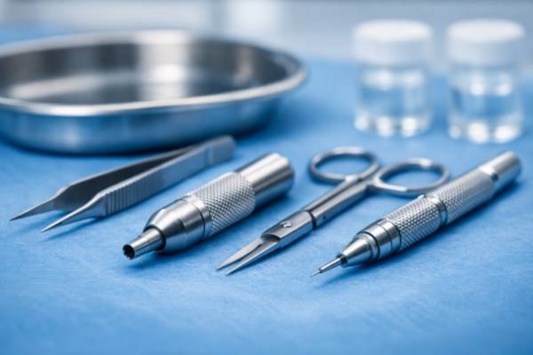 Strumenti medici sterilizzati utilizzati dai chirurghi per l'estrazione delle unità follicolari