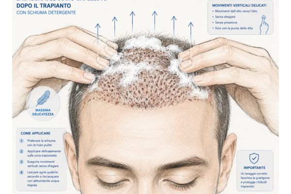 Illustrazione della procedura corretta per detergere il cuoio capelluto senza danneggiare gli innesti