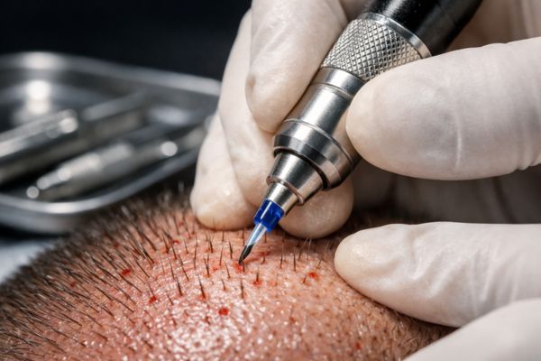 Dettaglio di una procedura di trapianto capelli FUE in Italia con l'utilizzo di lame in zaffiro microscopiche