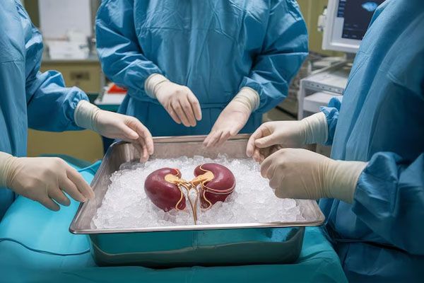reni conservati in mezzo a un gruppo di medici in abiti da lavoro - trapianto di organi, preparazione al trapianto