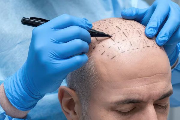 Mani con guanti blu segnano con un pennarello la zona del trapianto sulla testa di un uomo. - trapianto capillare protocolli