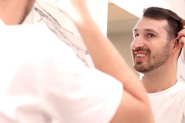 un giovane felice si guarda allo specchio - migliori cliniche trapianto capelli Italia