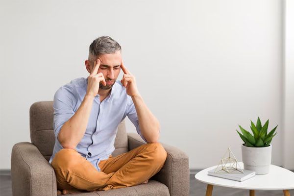 uomo con una camicia blu seduto su una sedia che pensa - Sintomi della dermatite seborroica