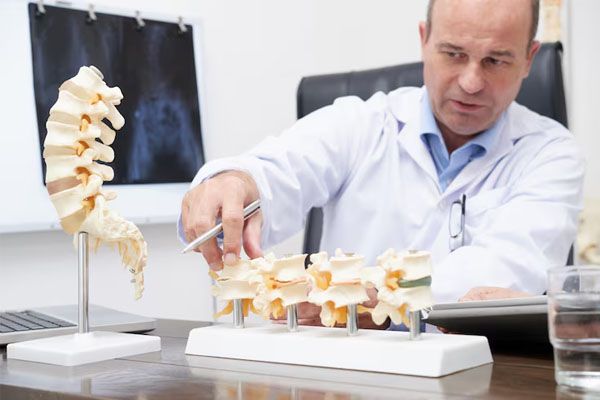 medico che spiega qualcosa con un modello 3D dello scheletro - Cos'è l'osteoporosi