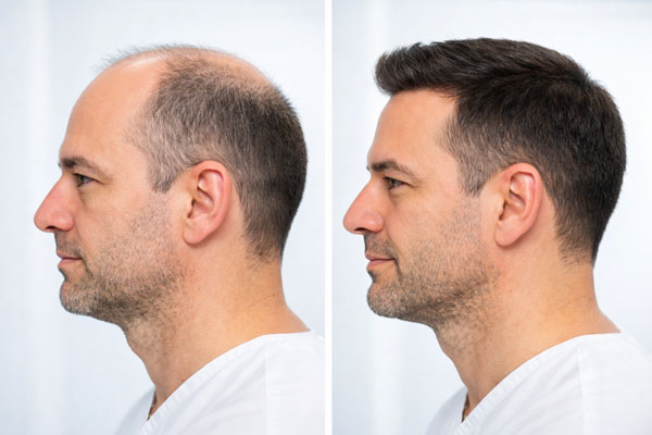 Confronto prima e dopo di un trapianto di capelli di successo in una clinica turca.