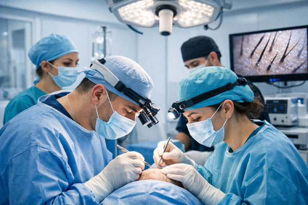 Chirurghi esperti che eseguono un trapianto di capelli in una clinica certificata in Turchia.