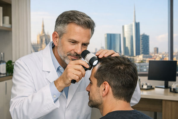 Specialista in tricologia effettua un'analisi del cuoio capelluto a Milano.