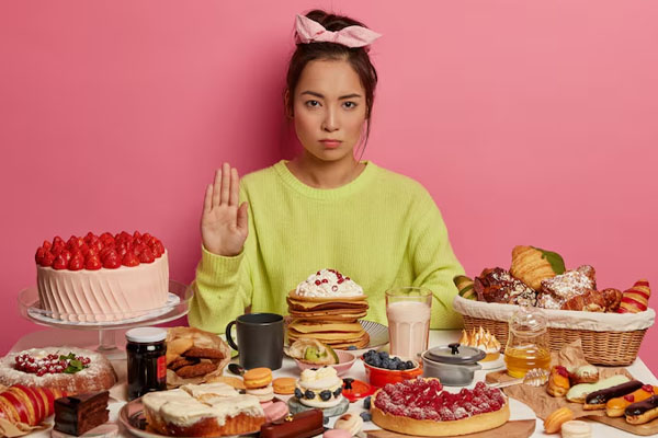 Donna seduta contro un muro rosa circondata da torte e biscotti che fa segno di stop