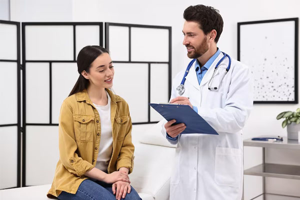 Il medico parla al paziente seduto su una barella
