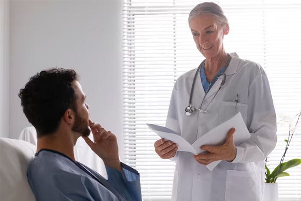 Il paziente a letto parla con il medico