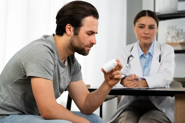 uomo seduto a prendere una bottiglia di pillole davanti al medico