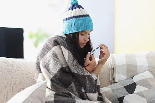Donna che indossa un cappotto caldo seduta su una poltrona e guarda un termometro