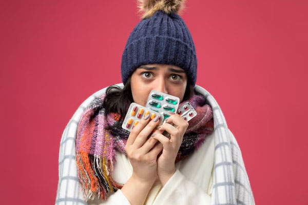 Donna su sfondo rosa che tiene in mano confezioni di capsule