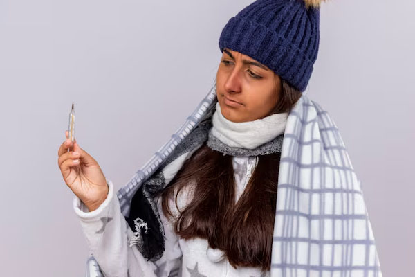 donna che indossa un cappotto che guarda il termometro nella sua mano